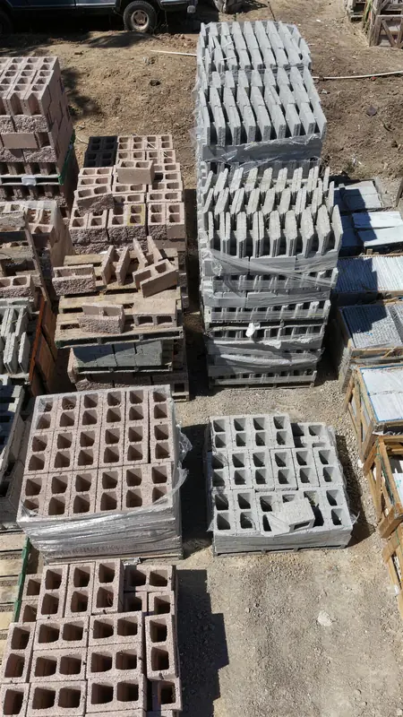 Concrete masonry blocks available in multiple colors and sizes, palletized and ready for pickup or delivery.